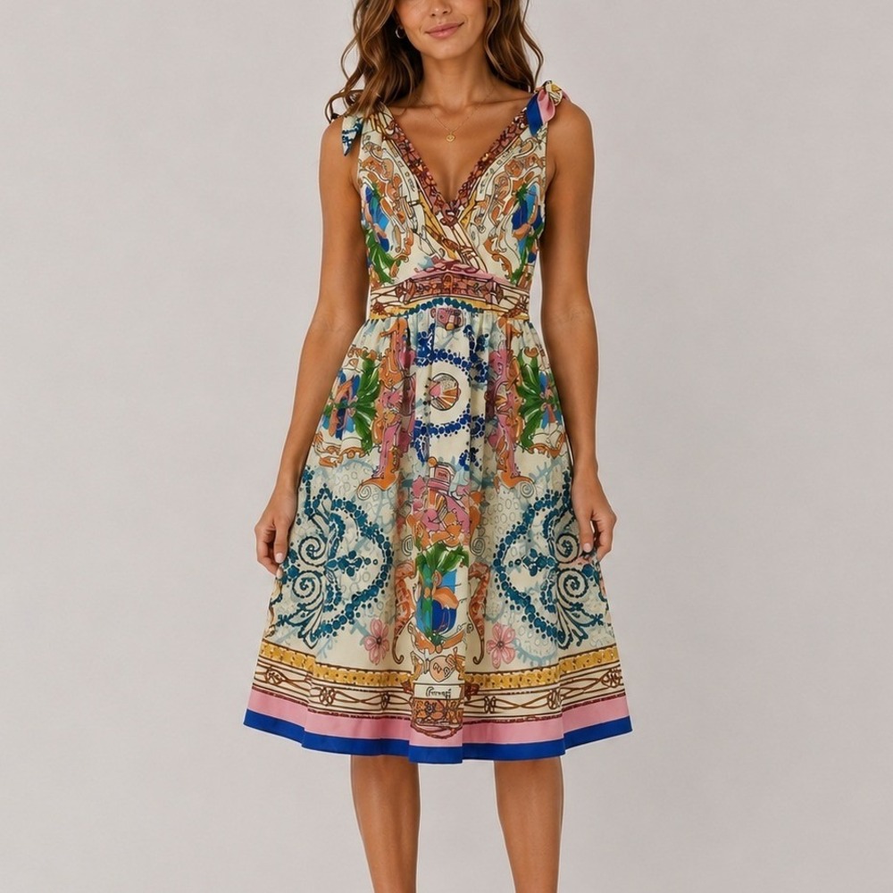 Collette Dinnigan Anthropologie Tied Acciona Silk Midi‎ Dress 0 Bohemian
